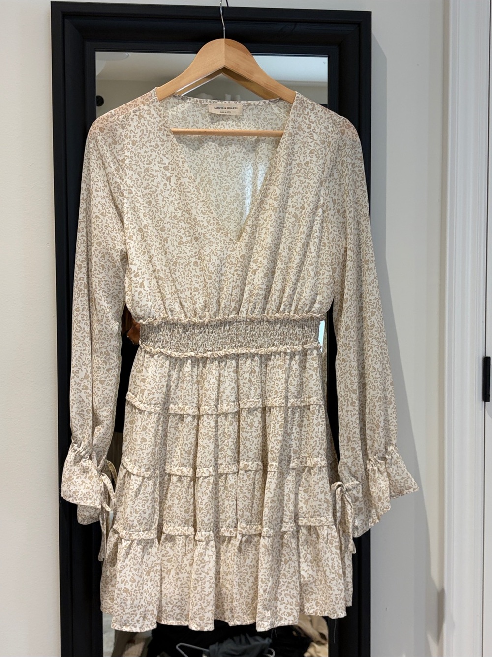 Cream Floral Smocked Waist Tiered Long Sleeve Dress